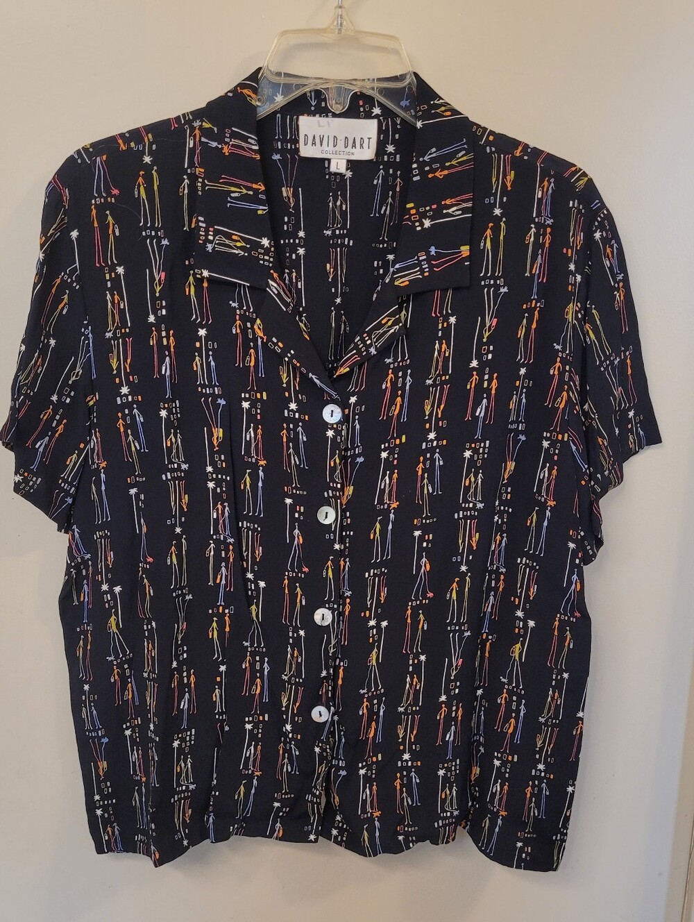 David Dart Collection Women's Top Sz Large Black w Multicolor Print Vtg EUC